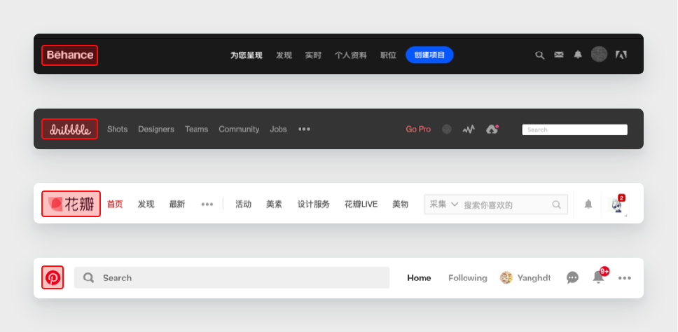 案例1:web 版 behance、dribbble、花瓣、pinterest 界面